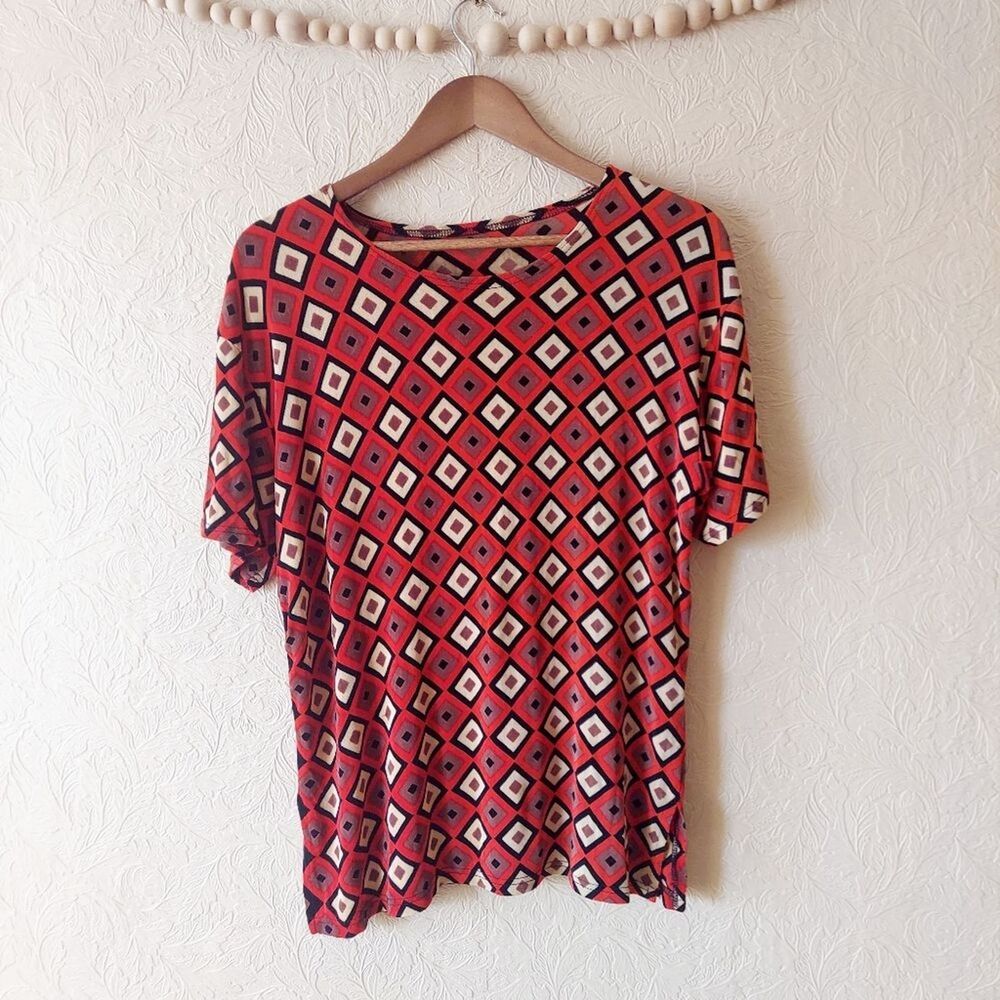 Women's top 100% acetate red diamond print short sleeve tunic tee